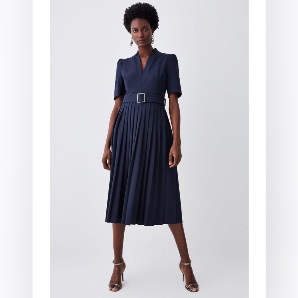 Karen Millen Forever Pleated Navy Midi Dress US 8P